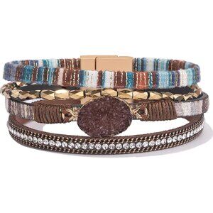 Boho Leather Wrap Bracelet Stackable Chunky Crystal Cuff Bracelets Western Jewel